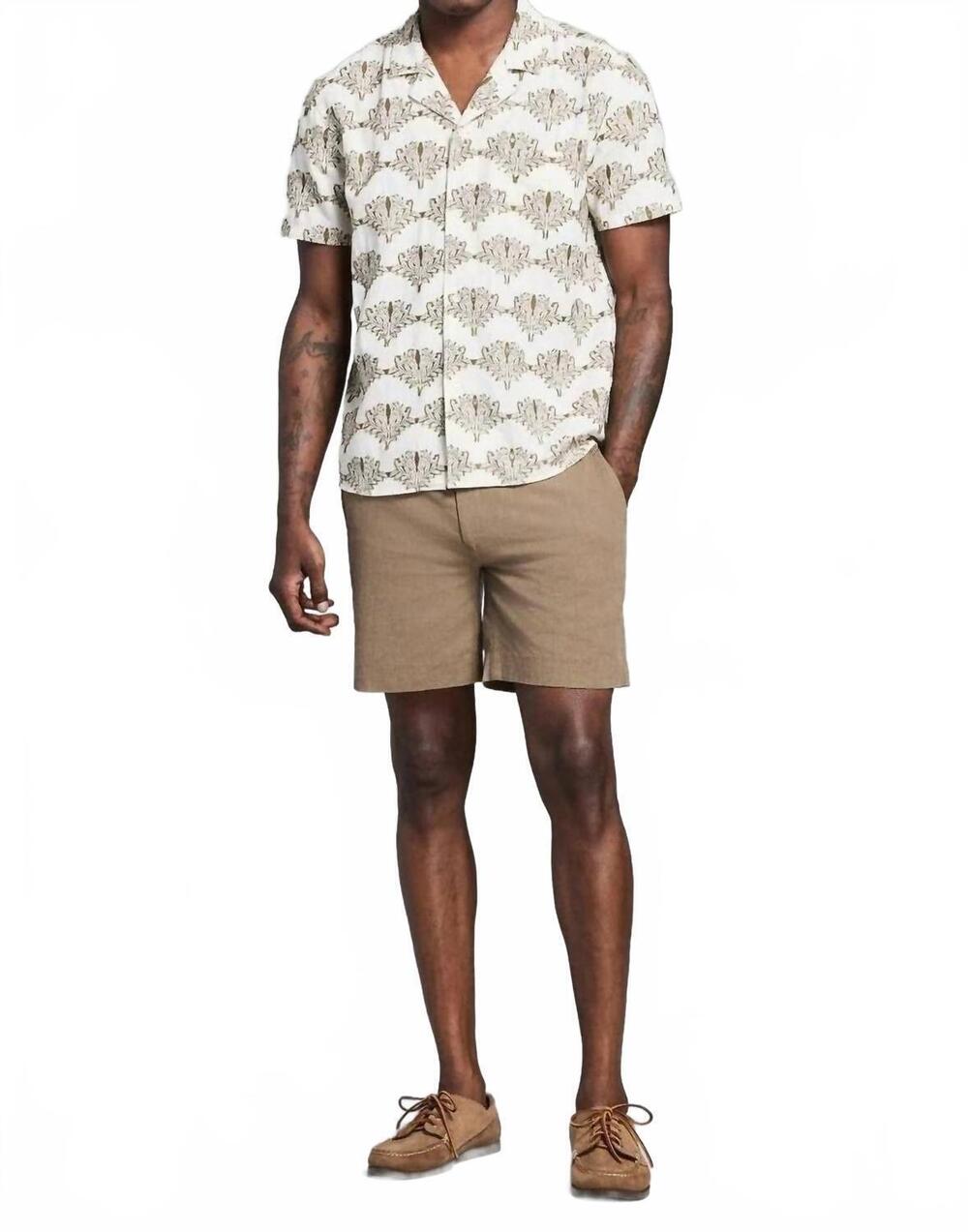 NEW BILLY REID short sleeve botanical jacquard camp shirt in tinted white olive